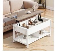 Table basse élévatrice YITAHOME, 2 niveaux de rangement, blanc + chêne clair
