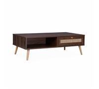 Table basse en cannage 110x59x39cm - Bohème - couleur bois foncé. 1 tiroir. 1 espace de rangement. pieds scandinaves
