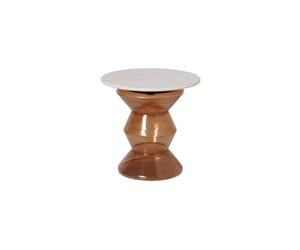 Table basse en marbre blanc et marron, ronde, avec touches de verre - Chehoma, Gaya - Ø50x50 cm