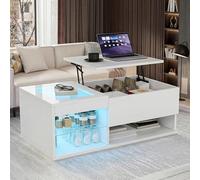Table Basse Extensible avec LED, Table de Salon Brillante avec 2 Étagères en Verre, Table Basse Moderne avec Etagère Ouverte et Rangement Plateau à Haute Brillance Rétractable (Blanc-3, 100x55x35)