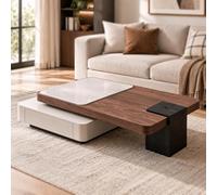 Table Basse Extensible Moderne avec Plateau à Deux Niveaux | Bois et plateau effet pierre avec design décalé pour un salon modulable. Idéale pour chambre, café et bureau