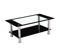 Table basse fixe avec plateau en verre trempé transparent avec bord noir et pieds en acier