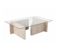 Table basse - FLAVIO - Travertine - Rectangulaire - Verre trempé et panneaux de particules - Style élégant - 105x65x30 cm