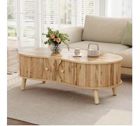 Table basse forme organique naturel 108 x 50 x 37 cm, 2 portes coulissantes, MDF et pieds bois massif