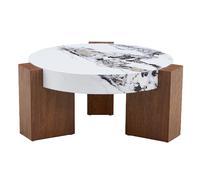 Table basse gigogne 61/44/30 cm noyer et blanc en MDF et verre avec 2 niveaux