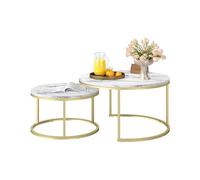 Table Basse Gigogne Effet Marbre Blanc Table Basse Blanche avec Cadre Doré, Tables Basses Rondes Ensemble de Tables d'Appoint Modernes pour Salon, Diamètre 80+60 cm