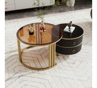 Table basse gigogne ronde 2 en 1, plateau blanc + verre trempé marron, 2 tiroirs, noir/or