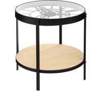 Atmosphera - Table d'Appoint Horloge Meca Style Industriel D. 50 x H 51 cm, Noir, Bois, Plateau Verre - pour Salon, Bout de Canapé