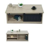 Table basse HWC-K75, table d'appoint table de salon, porte coulissante 6 compartiments de rangement, aspect bois métal 44x120x60cm naturel