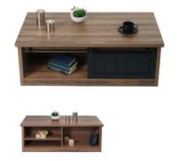 Table basse HWC-K75, table d'appoint table de salon, porte coulissante 6 compartiments de rangement, aspect bois métal 44x120x60cm brun