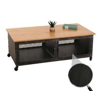 Table basse HWC-N28, table de salon, roulettes 2 compartiments, structure 3D industrielle rétro métal bois 45x120x60cm noir, naturel