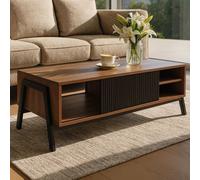 Table basse HWC-O40, table de salon, table basse, compartiments de rangement, porte coulissante, MDF, métal, mélamine, 42 x 120 x 60 cm naturel