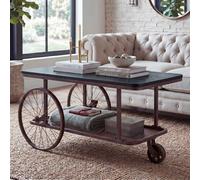 Table basse HWC-Q69, table d'appoint, table de salon, style industriel rétro en bois et jante, 54 x 100 x 60 cm noir, métal couleur cuivre