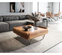 Table-basse Kiano 90x90 cm Acacia Nature 2 Tiroirs Pied en V Acier inoxydable