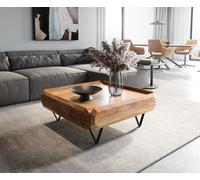 Table-basse Kiano 90x90 cm Acacia Nature 2 Tiroirs Pied en V Noir
