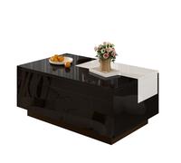 Table basse laquée LED, plateau extensible noir et blanc, rangement discret et ruban lumineux 16 couleurs. Idéale pour salon moder