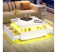 Table basse led 70x70x41 cm avec 2 tiroirs et vitrine transparente blanche