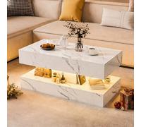 Table Basse Led Blanche Brillante, Table De Salon Moderne Avec Rangement Double Niveau, Table Basse Design Effet Marbre, Style Contemporain Minimaliste Pour Salon Appartement Et Espace Détente