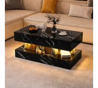 Table Basse LED Moderne avec Rangement, Table De Salon Design Double Niveau Effet Marbre, Éclairage LED Réglable, Finition Brillante, Table Basse Contemporaine pour Salon Appartement Et Maison