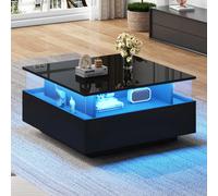 Table basse led noire brillante 70x70x41 cm avec 2 tiroirs et vitrine transparente