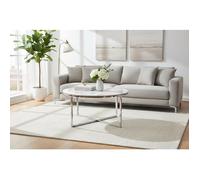 Table Basse LORIE Ronde Plateau Verre Trempé Marbré Blanc Structure Métal Chrome D90x45cm
