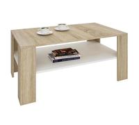 Table basse LORIENT, table de salon rectangulaire avec 1 étagère espace de rangement ouvert, en mélaminé décor chêne sonoma et blanc