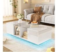 Table basse Maisentiel design moderne blanc laqué avec plateau en verre et éclairage LED 16 couleurs 120x50x38,5 cm