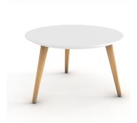 Table basse Marit, plateau rond laqué blanc, 3 pieds bois naturel