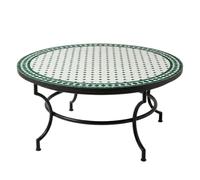 Table basse marocaine en mosaïque, style Marrakech, beige et vert, Ø 120 cm, H 45 cm, pliable, fabriquée à la main à Marrakech | Table ronde de balcon, table de jardin, table basse avec piètement en f