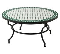 Table basse marocaine en mosaïque, style Marrakech, beige et vert, Ø 120 cm, H 45 cm, pliable, fabriquée à la main à Marrakech | Table ronde de balcon, table de jardin, table basse avec piètement en f