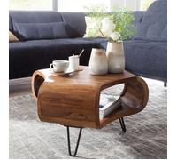 WOHNLING Table Basse 55x55x38 cm Bois Massif Sheesham avec Étagère | table de salon rétro avec piètement métal, bout de canapé marron jusqu'à 50 kg, pièce unique, table de séjour style campagne