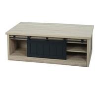 Table basse HWC-K75, table d'appoint table de salon, porte coulissante 6 compartiments de rangement, aspect bois métal 44x120x60cm naturel