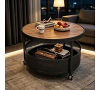 Table Basse Mobile Ronde Table Rangement Walnut Top & Breathable Mesh | Table basse ronde 2 niveaux plateau finition noyer panier maille et roues pivotantes 360 avec frein.