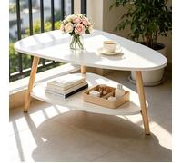Table Basse Moderne à 2 Niveaux PIPIPOXER, Forme Organique,Plateau Blanc Brillant, Pieds en Bois Naturel,Table de Salon Scandinave