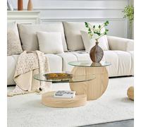 Table basse moderne à deux niveaux en verre de sécurité – structure multicouche, piètement en MDF à veinures claires, style minimaliste, couleurs au choix, bois clair