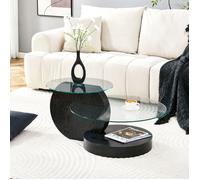 Table basse moderne à double plateau en verre de sécurité, rangement à plusieurs niveaux, MDF noir aspect bois - UVRION