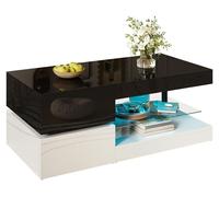 Table basse moderne avec éclairage d'ambiance LED, contrôle via application et Bluetooth, étagère en verre et surface haute brillance, noire et blanche