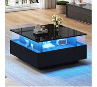 Table basse moderne brillante avec LED - 2 tiroirs et vitrine transparente, charge 30 kg - Idéale pour salon élégant