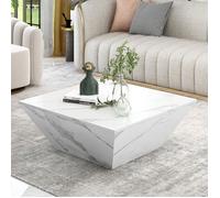 Table Basse Moderne en Effet Marbre Blanc avec 2 Tiroirs Table Appoint pour Salon, 70 x 70 x 37cm