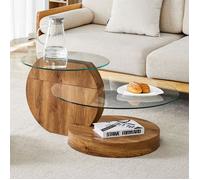 Table Basse Moderne en Verre Trempé à Plusieurs Niveaux, Table Ronde Transparente pour Salon, Structure en MDF, Couleur Bois Naturel