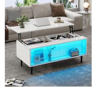Table basse Moderne LED Hauteur Réglable Rangement Caché Compartiment en Verre Meuble Salon 105x50x43cm Blanc Brillant