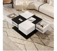 Table Basse Moderne Noir et Blanc avec 2 Tiroirs, Table de Salon Carrée avec Espace de Rangement, Haute Brillance, 70×70×35.5 cm