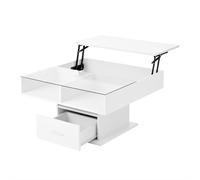 Table basse multifonction laquée brillante à mécanisme relevable avec éclairage LED, réglable en hauteur et rangement modulable, 78x78x45,5 cm, Blanc