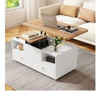 Table Basse Multifonctionnelle Relevable, Table de Salon Mobile avec Roulettes, 4 Tiroirs, Table à Manger de Bureau Loisirs,Blanc
