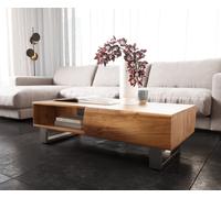 Table-basse New Live-Edge 115x60 cm acacia naturel 2 tiroirs 1 compartiment patin inoxydable brossé