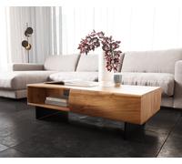 Table-basse New Live-Edge 115x60 cm acacia naturel 2 tiroirs 1 compartiment pied flottant métal noir