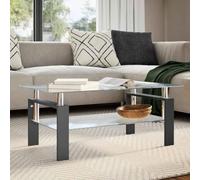 Table basse noire transparente 95 x 55 x 40 cm en verre trempé | 2 niveaux, pieds en mélamine, nettoyage facile, design moderne, assemblage requis