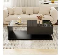 Table basse O.Ye - Meuble de salon - Noir brillant - Verre trempé - 16 LED - 1 tiroir de rangement noir TABLE BASSE