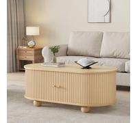 Table basse ovale 100 x 50 cm avec porte coulissante et espace de rangement | Table basse peu encombrante avec porte roulante à 180° et grand espace de rangement, design élégant à lamelles pour les