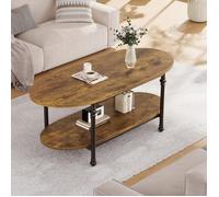 Table Basse Ovale 2 Niveaux avec Plateau relevable en Bois - Étagère Ouverte et Pieds Colonne en métal, Design Industriel -marron